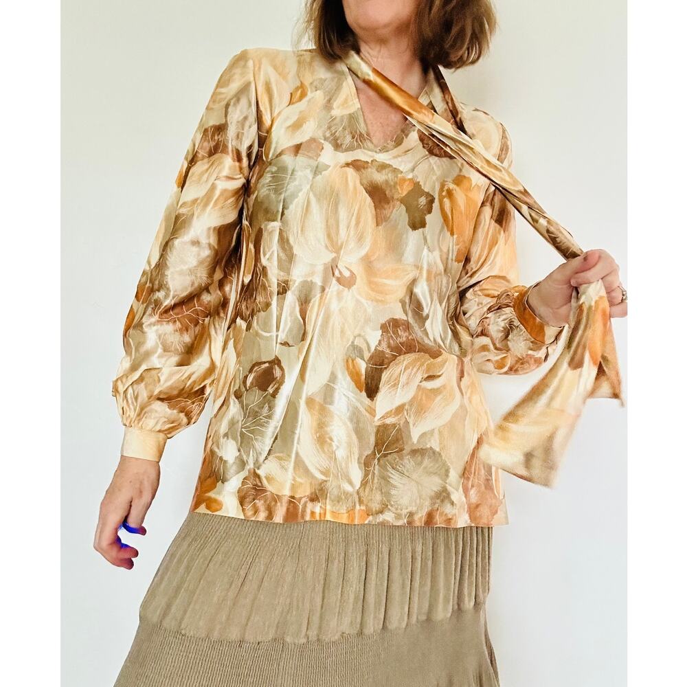 Vintage 70s Sateen Floral Print Blouse Gold/yellow Fall Vibes Size Large Womens